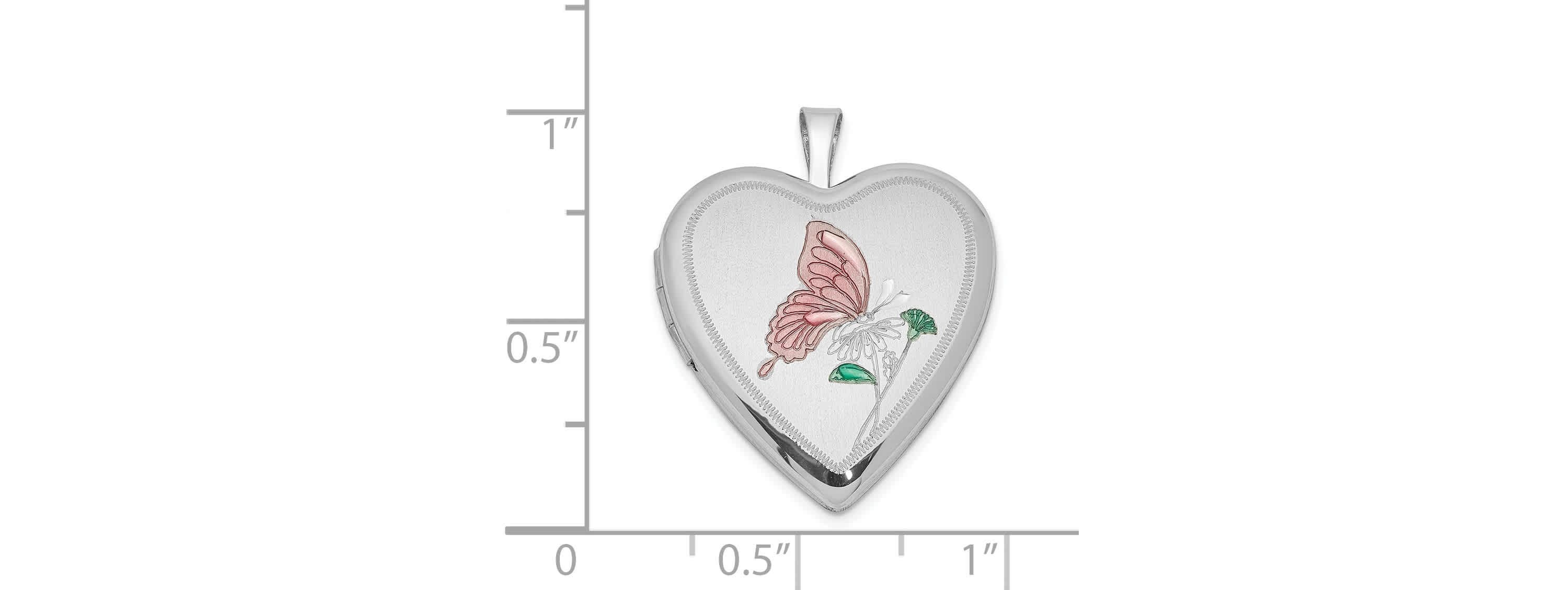 Sterling Silver Rhodium-plated 20mm Enameled Butterfly Heart Locket