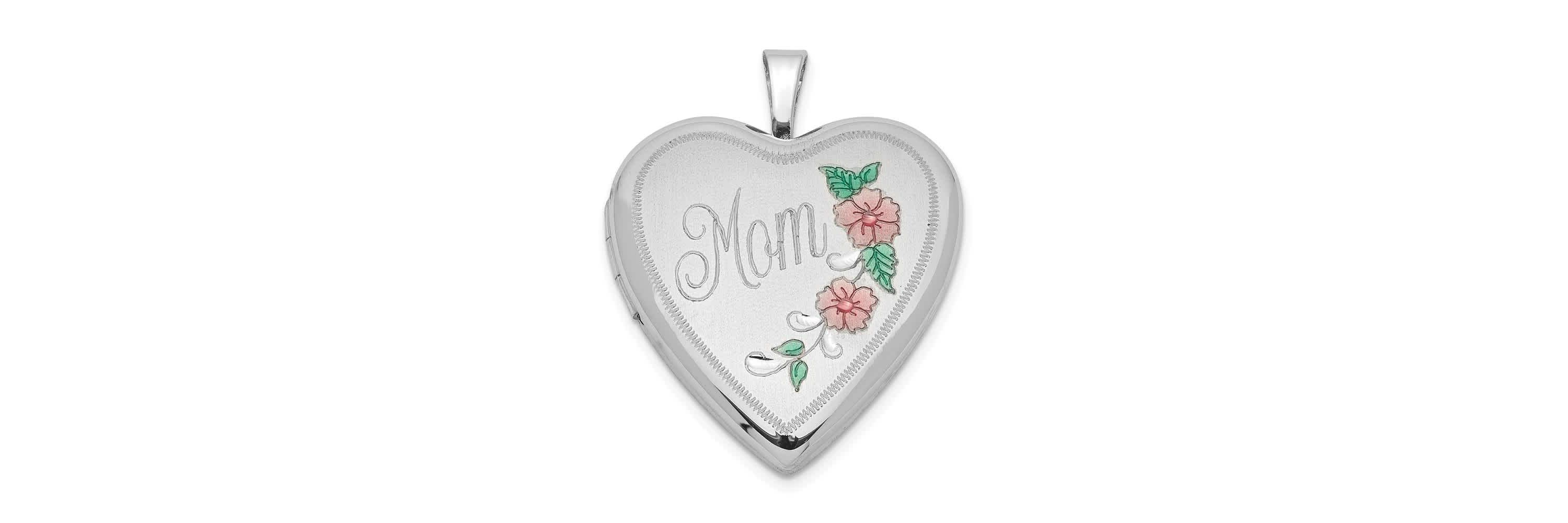 Sterling Silver Rhodium-plated 20mm Enameled Floral Mom Heart Locket