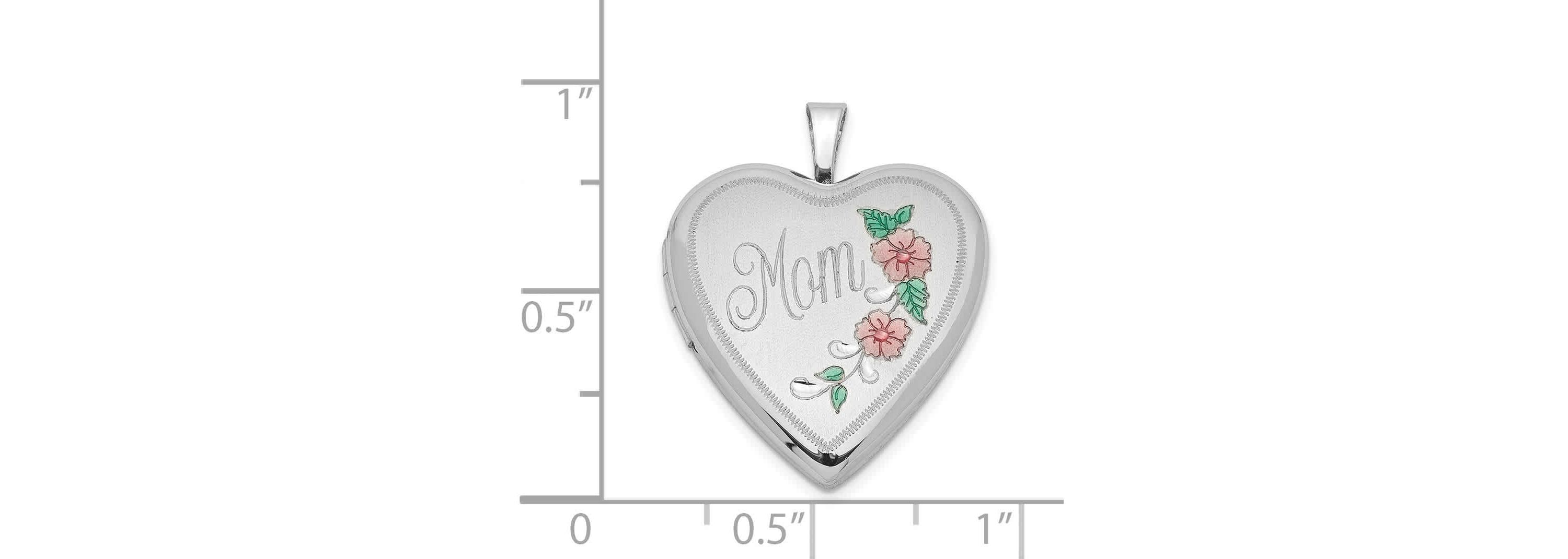 Sterling Silver Rhodium-plated 20mm Enameled Floral Mom Heart Locket