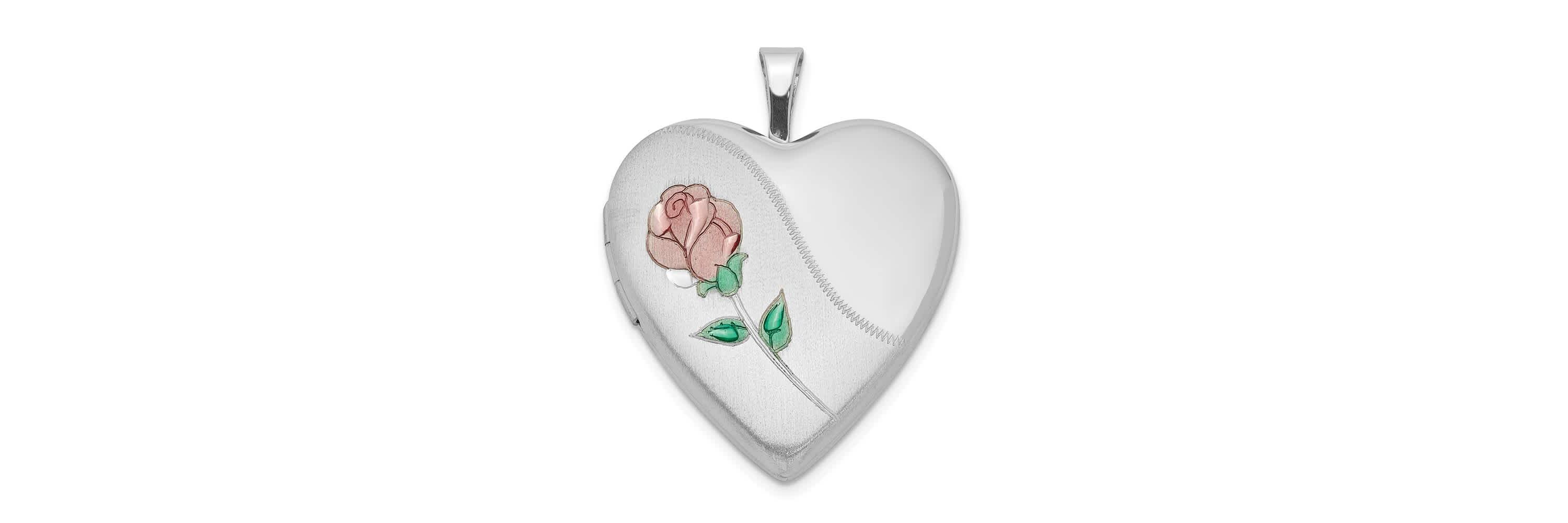 Sterling Silver Rhodium-plated 20mm Satin, Enamel, Diamond-cut Floral Heart Locket