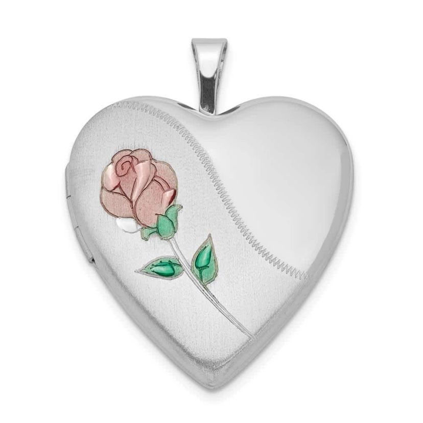 Sterling Silver Rhodium-plated 20mm Satin, Enamel, Diamond-cut Floral Heart Locket