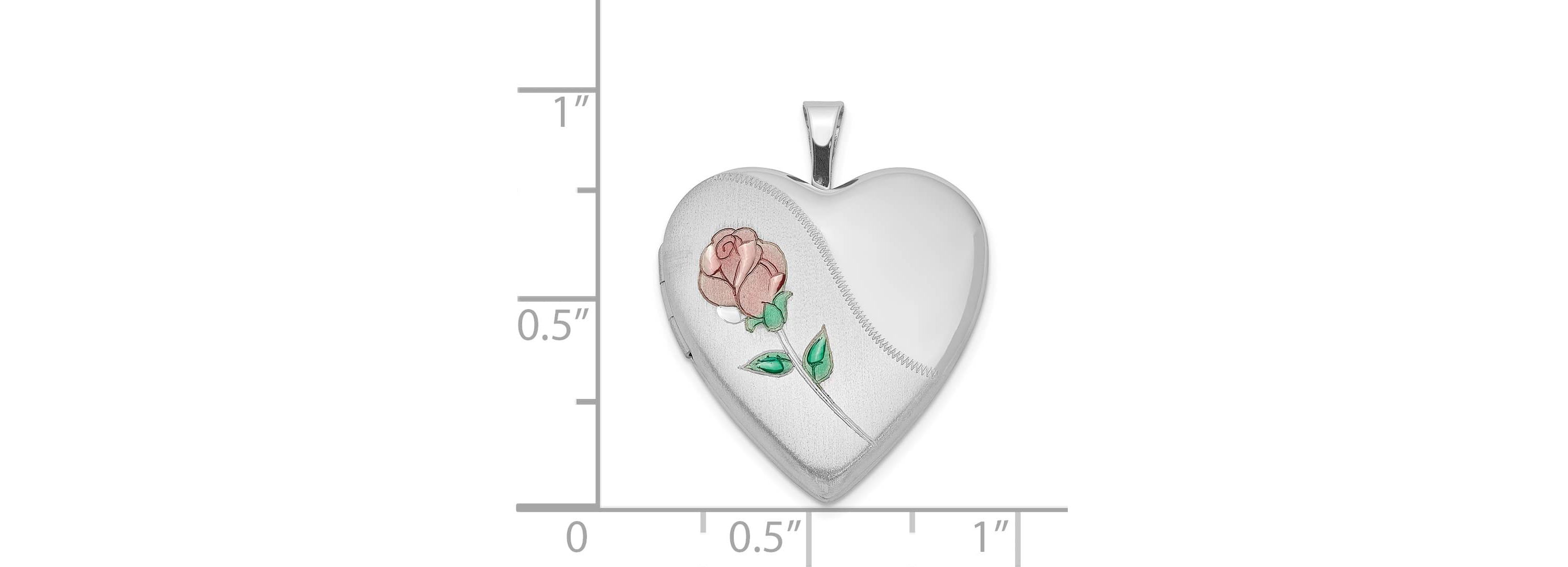 Sterling Silver Rhodium-plated 20mm Satin, Enamel, Diamond-cut Floral Heart Locket