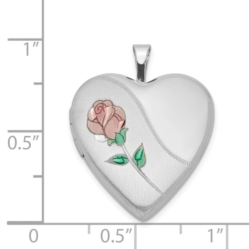 Sterling Silver Rhodium-plated 20mm Satin, Enamel, Diamond-cut Floral Heart Locket
