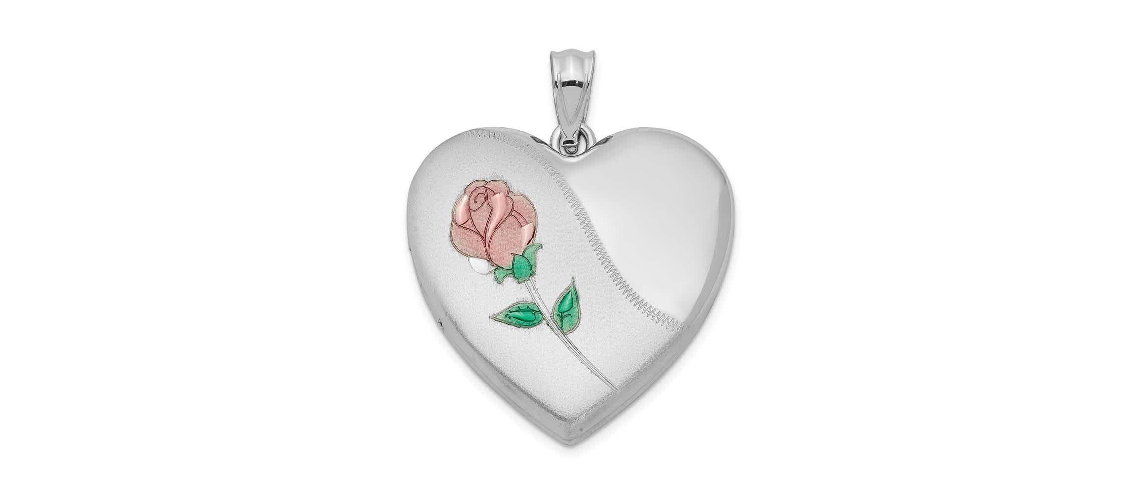 Sterling Silver Rhodium-plated 24mm Satin Enameled and Diamond-cut Rose Locket