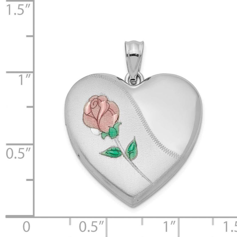 Sterling Silver Rhodium-plated 24mm Satin Enameled and Diamond-cut Rose Locket