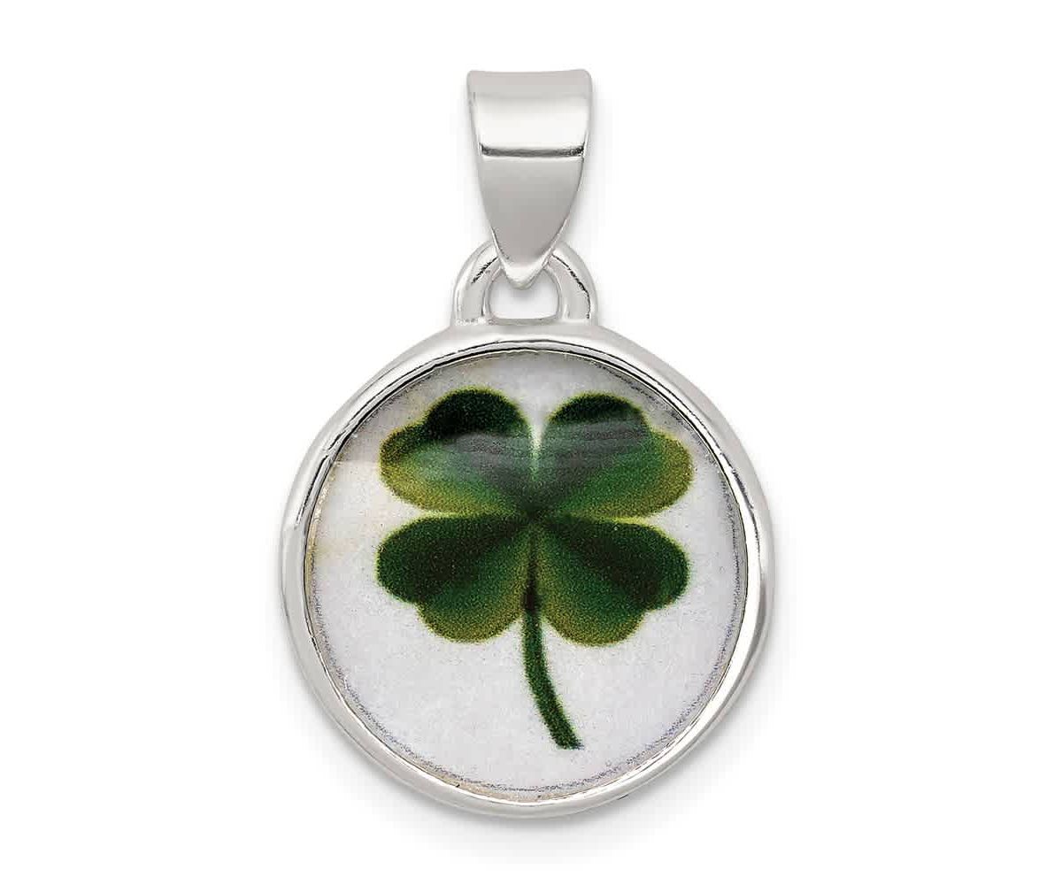 Sterling Silver 4 Leaf Clover Clear Enamel Pendant