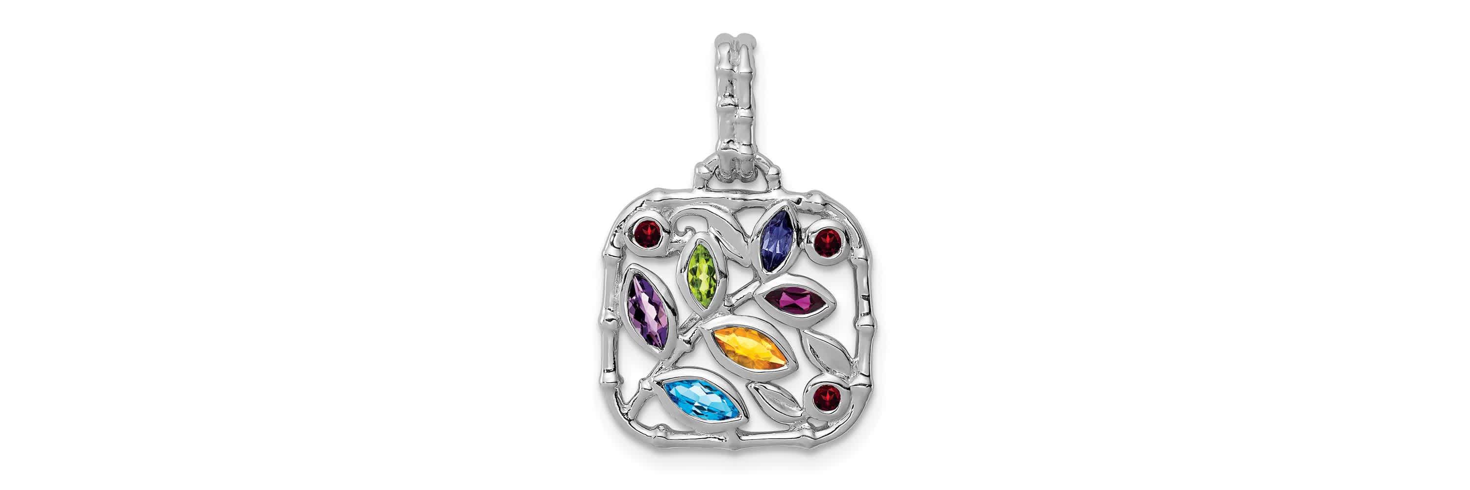 1/8 ct. t.w. Blue Topaz, 1/10 ct. t.w. Amethyst, 1/10 ct. t.w. Citrine, 3/4 ct. t.w. Peridot, 1/10 ct. t.w. Rhodolite Garnet, 0.058 ct. t.w. Iolite and 1/8 ct. t.w. Garnet Pendant in Rhodium-plated Sterling Silver