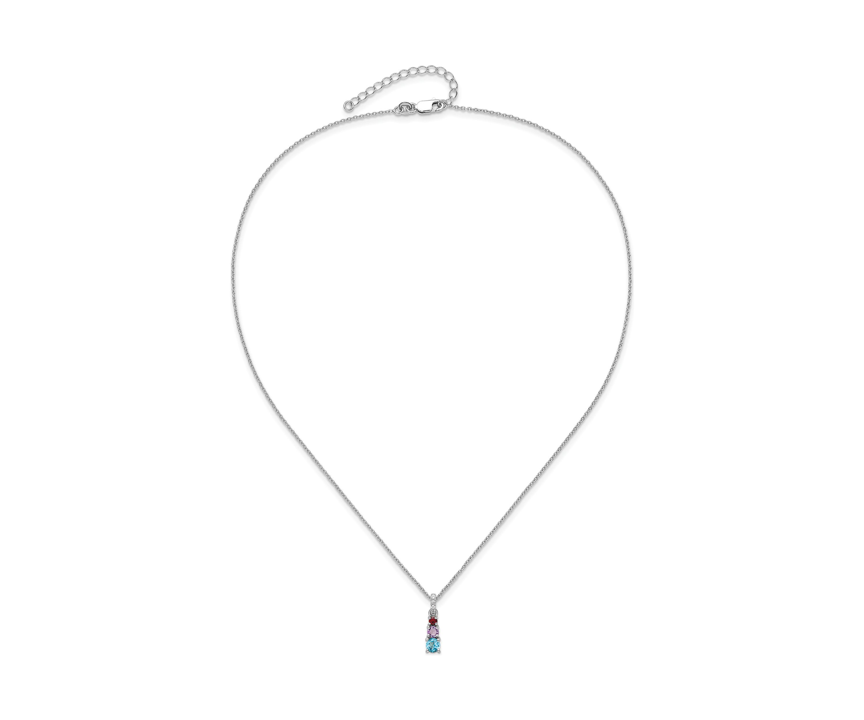 7/8 ct. t.w. Swiss Blue Topaz, Amethyst, Garnet, White Topaz 3-Stone Pendant with 18-Inch Cable Chain in Rhodium-Plated Sterling Silver