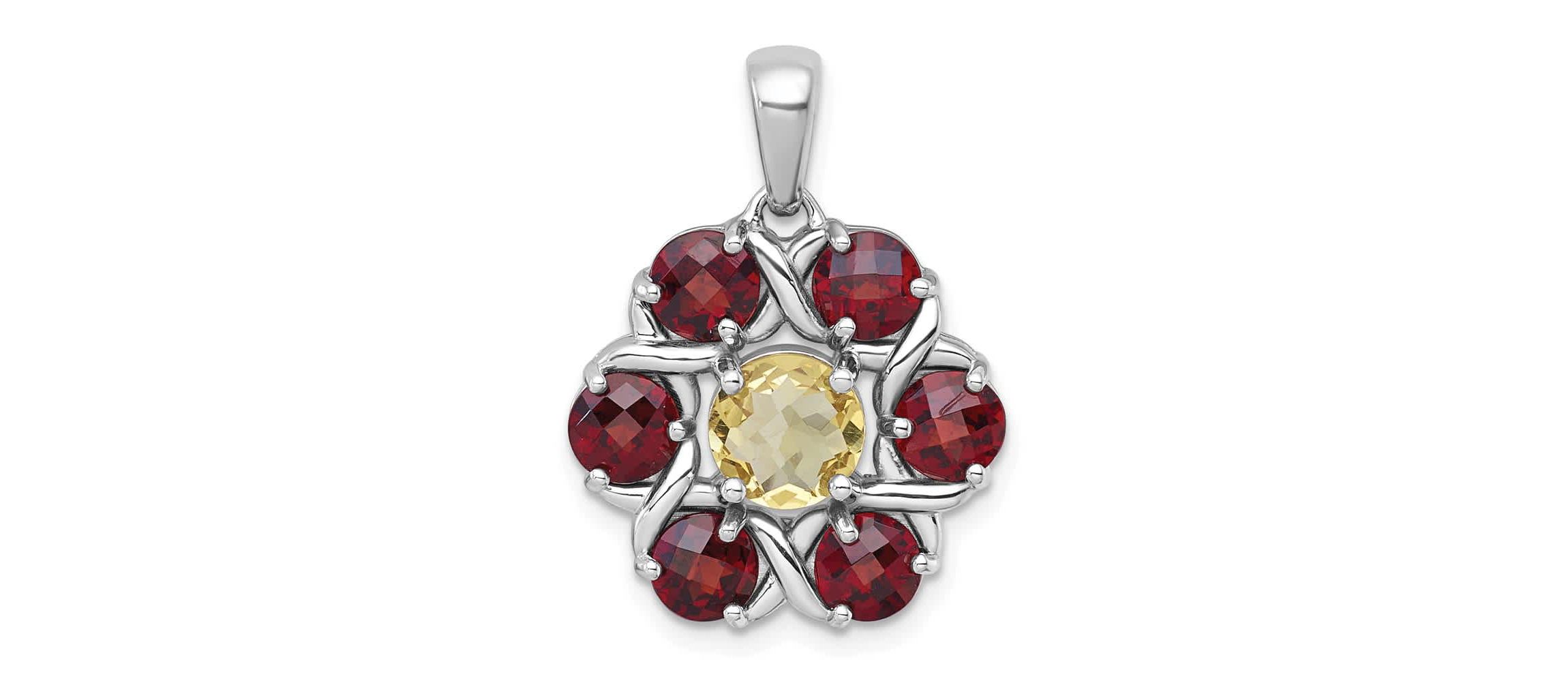 1.04 ct. t.w. Citrine and 2.99 ct. t.w. Garnet Polished Flower Pendant in Rhodium-plated Sterling Silver