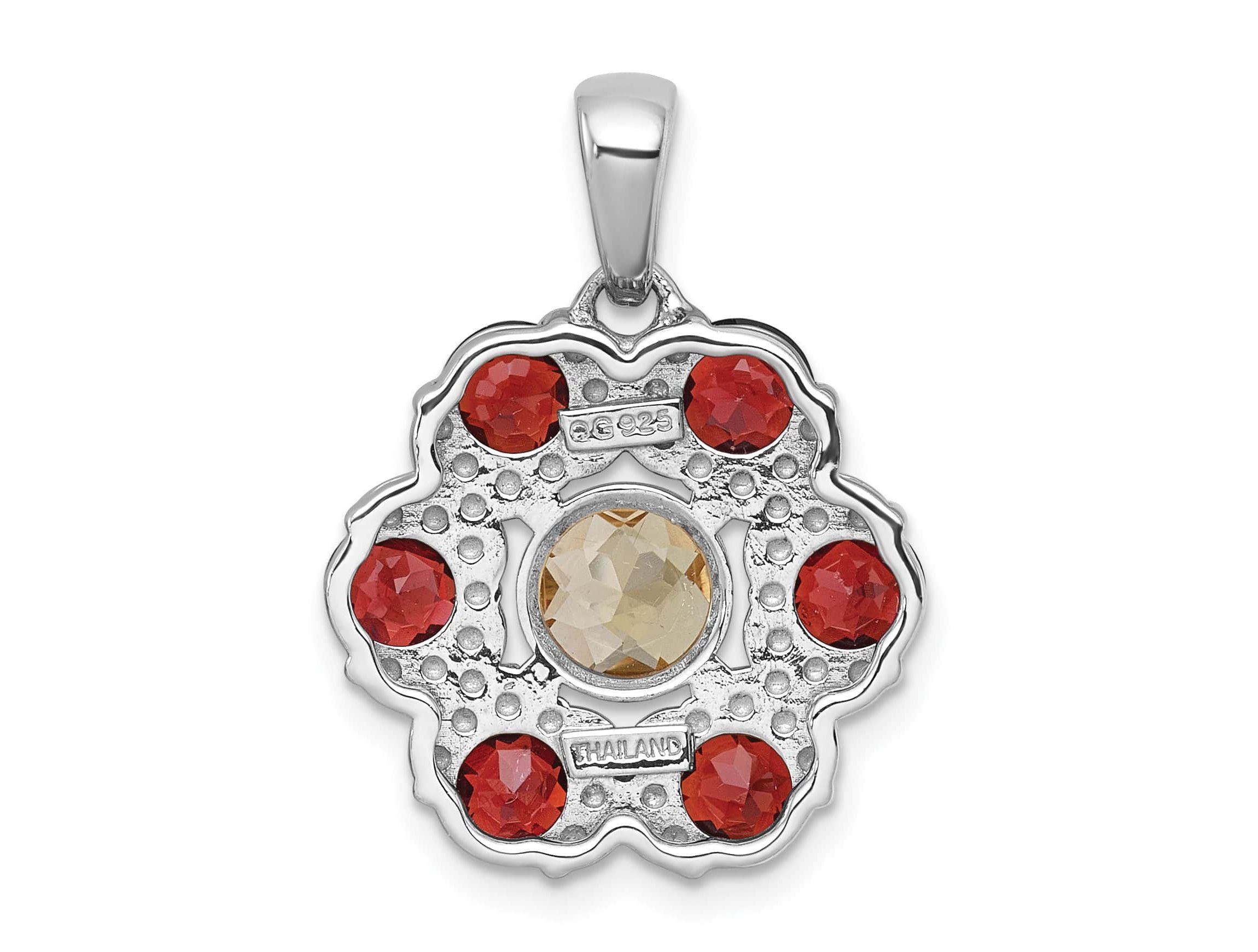 1.04 ct. t.w. Citrine and 2.99 ct. t.w. Garnet Polished Flower Pendant in Rhodium-plated Sterling Silver
