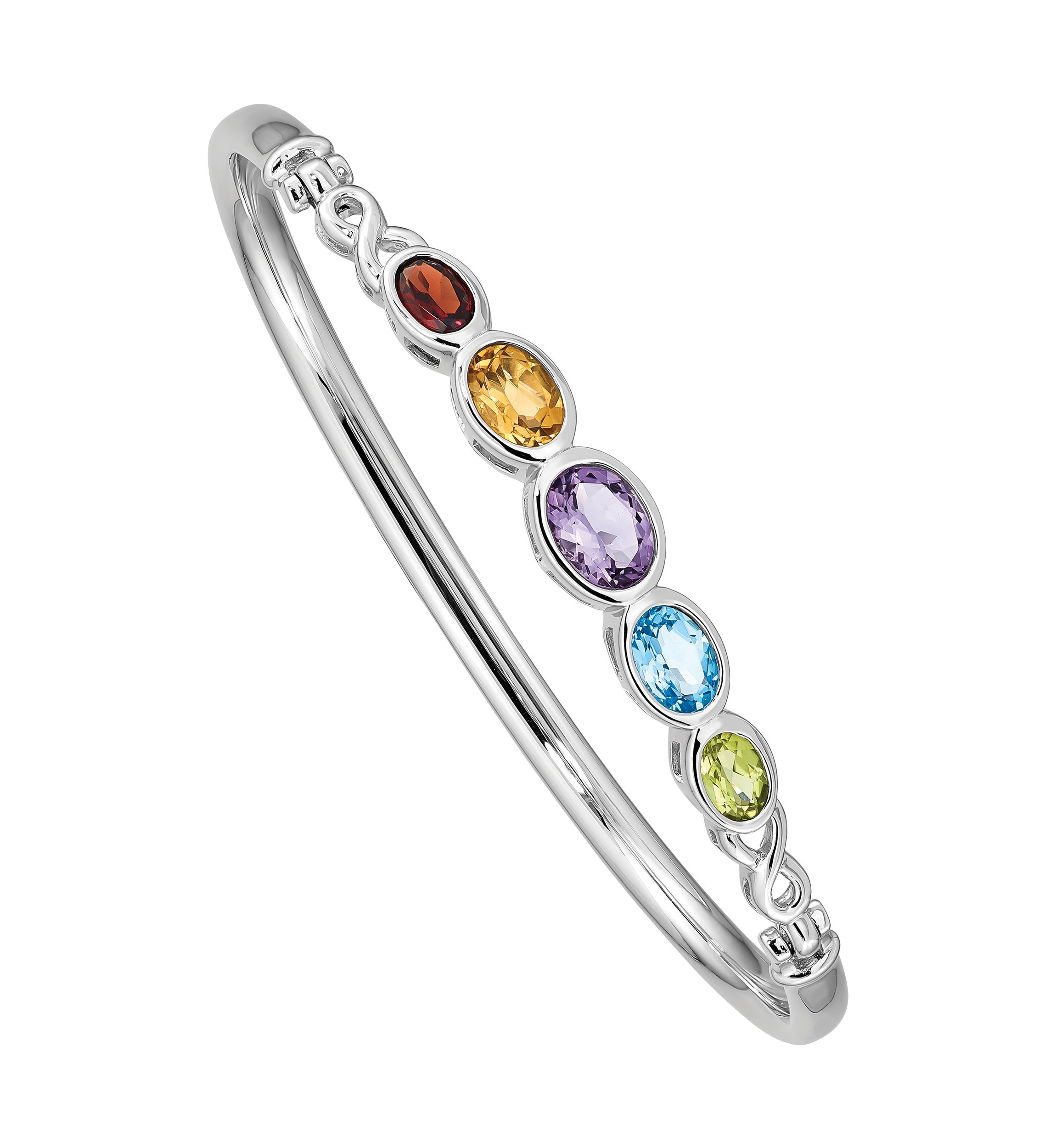 1 ct. t.w. Amethyst, 3/4 ct. t.w. Swiss Blue Topaz, 5/8 ct. t.w. Citrine, 1/2 ct. t.w. Garnet and 3/8 ct. t.w. Peridot Bangle Bracelet in Rhodium-Plated Sterling Silver