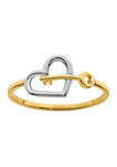 Rhodium-Plated Heart and Key Ring in 14K Yellow Gold 