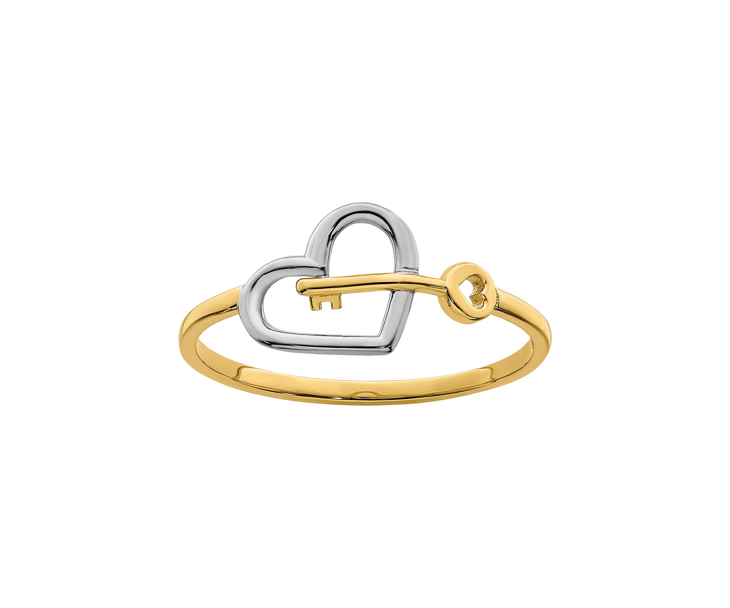 Rhodium-Plated Heart and Key Ring in 14K Yellow Gold 