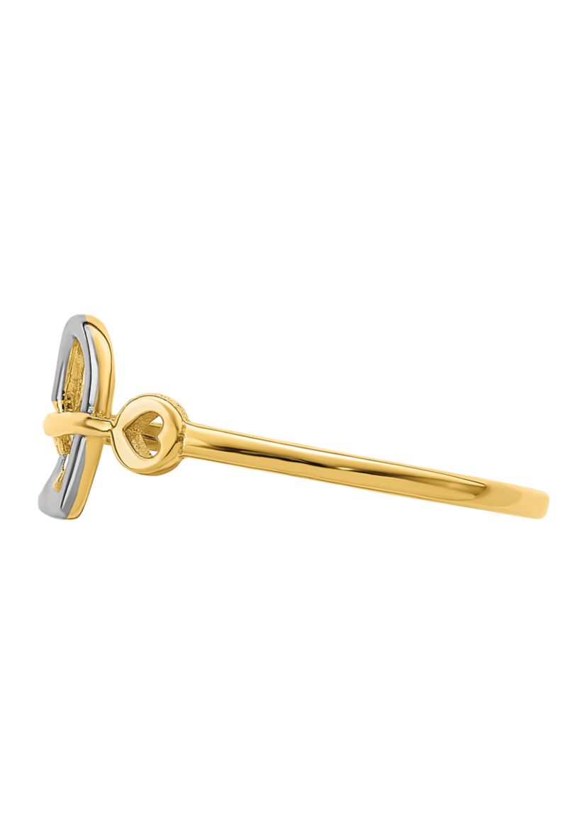 Rhodium-Plated Heart and Key Ring in 14K Yellow Gold 