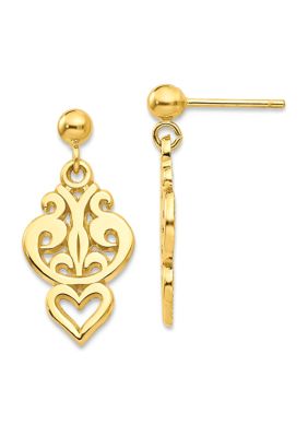 14K Yellow Gold Polished Filigree Fancy Heart Post Dangle Earrings