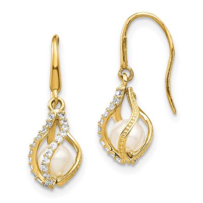 Belk & Co 14K Yellow Gold White Freshwater Cultured Pearl CZ Cage Dangle Earrings
