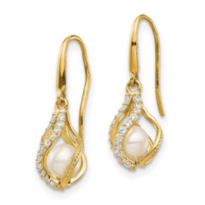 14K Yellow Gold White Freshwater Cultured Pearl CZ Cage Dangle Earrings