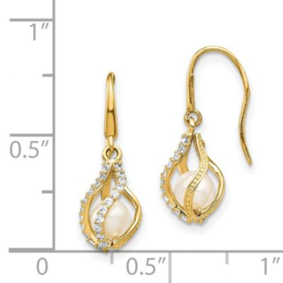 14K Yellow Gold White Freshwater Cultured Pearl CZ Cage Dangle Earrings