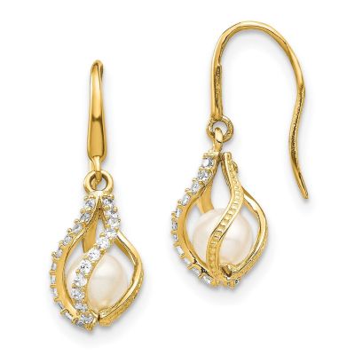 14K Yellow Gold White Freshwater Cultured Pearl CZ Cage Dangle Earrings