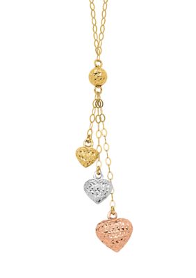 Belk & Co 14K Tri-color Puff Heart Lariat with 2-inch Extender 16-inch Necklace, Yellow, 16 in