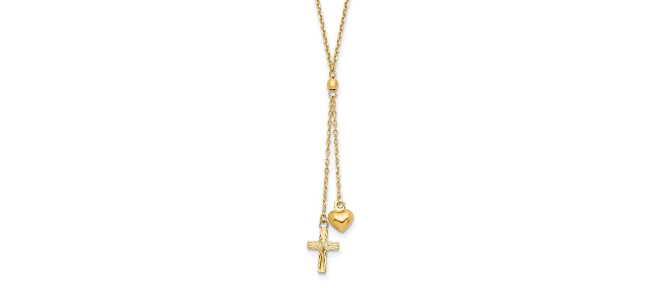 14K Yellow Gold Puffed Heart and Diamond-cut Cross Graduated Chain with 2-inch Extension Necklace