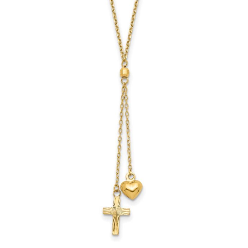 14K Yellow Gold Puffed Heart and Diamond-cut Cross Graduated Chain with 2-inch Extension Necklace