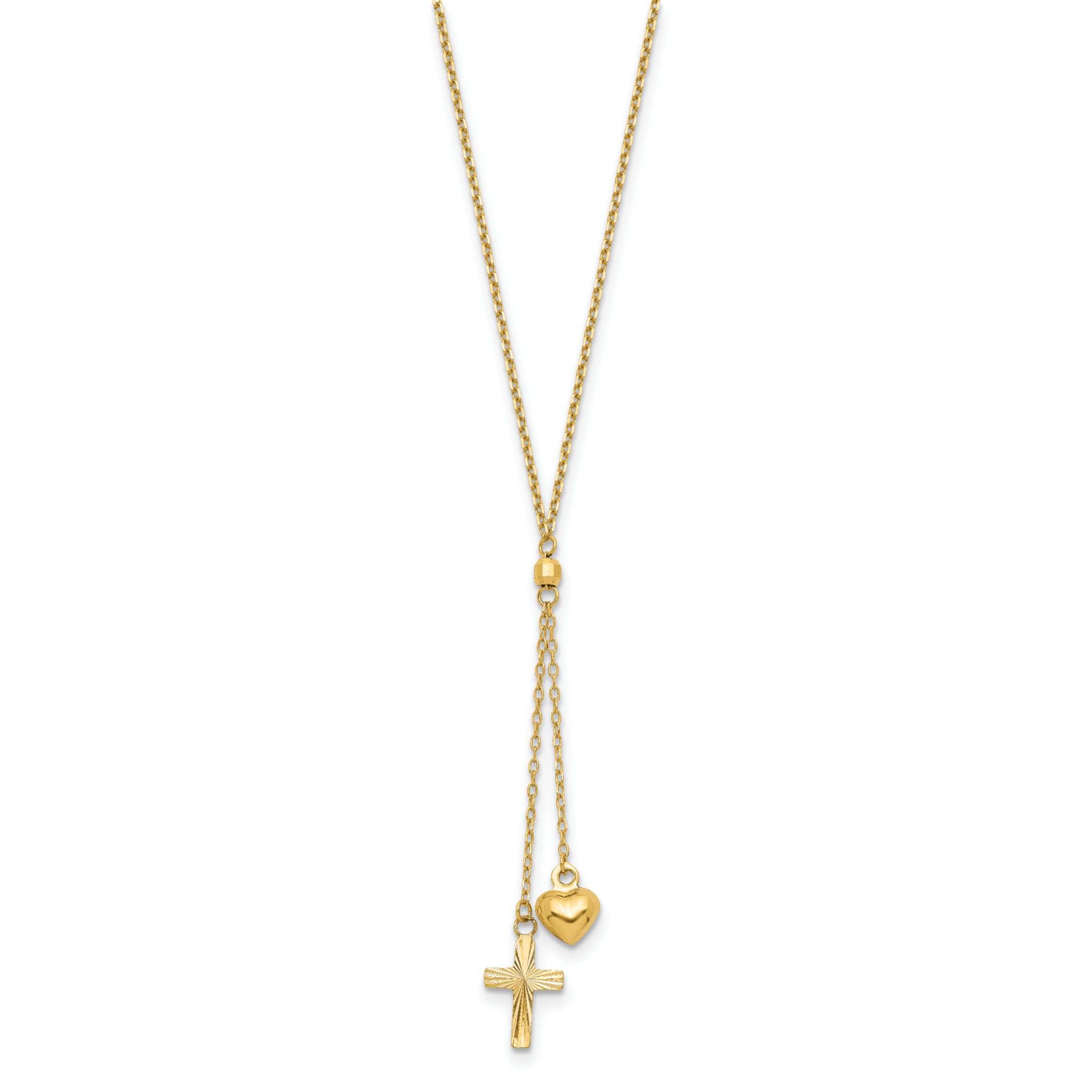 14K Yellow Gold Puffed Heart and Diamond-cut Cross Graduated Chain with 2-inch Extension Necklace