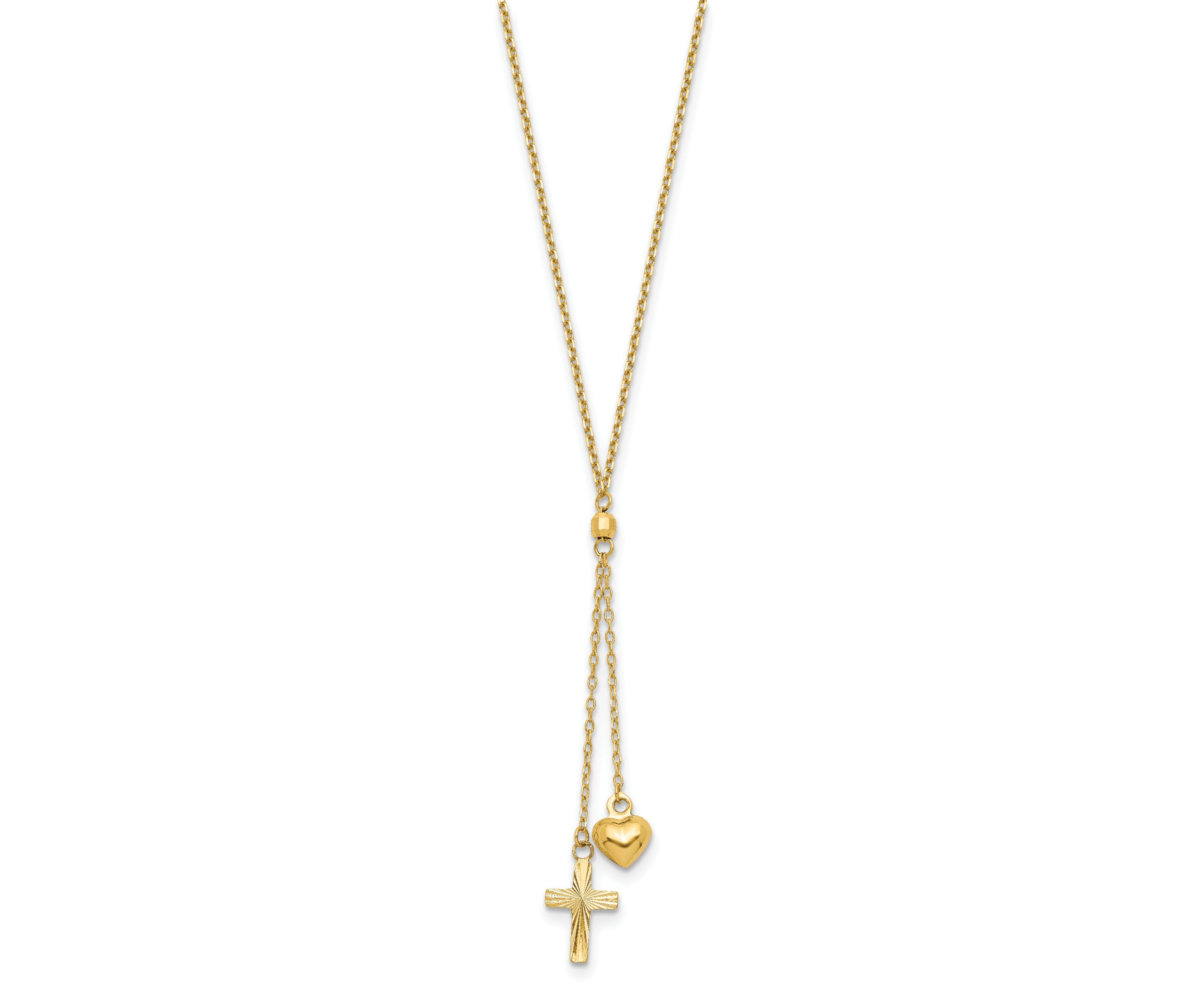 14K Yellow Gold Puffed Heart and Diamond-cut Cross Graduated Chain with 2-inch Extension Necklace