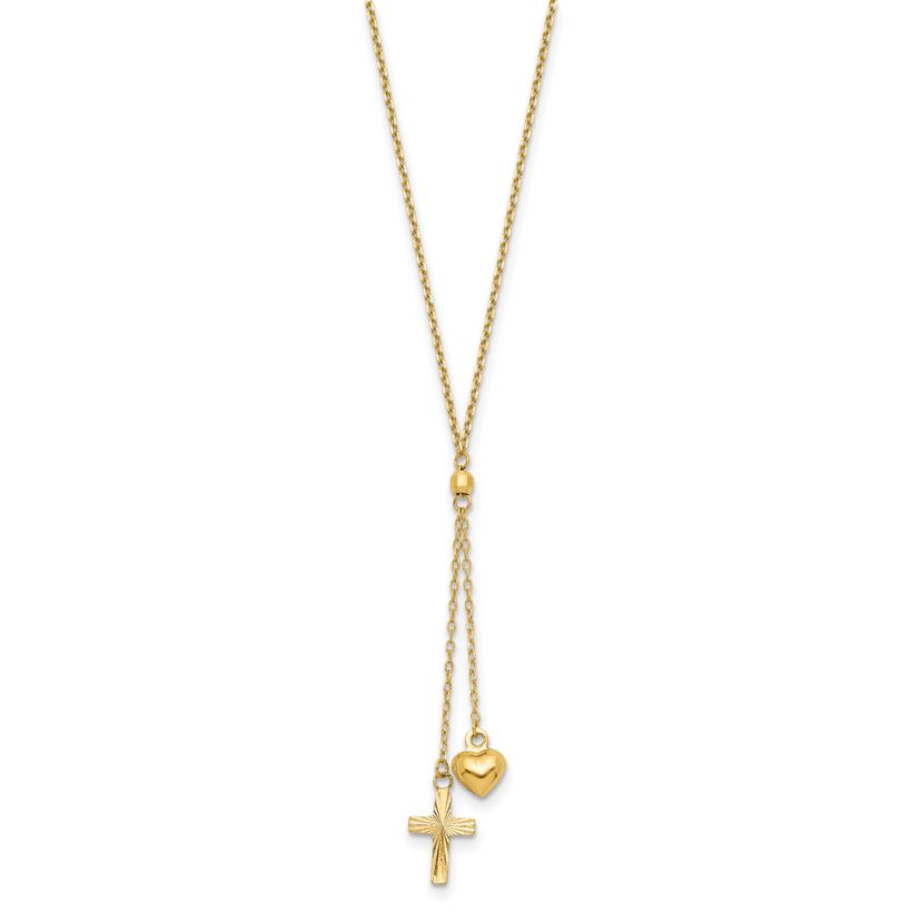 14K Yellow Gold Puffed Heart and Diamond-cut Cross Graduated Chain with 2-inch Extension Necklace