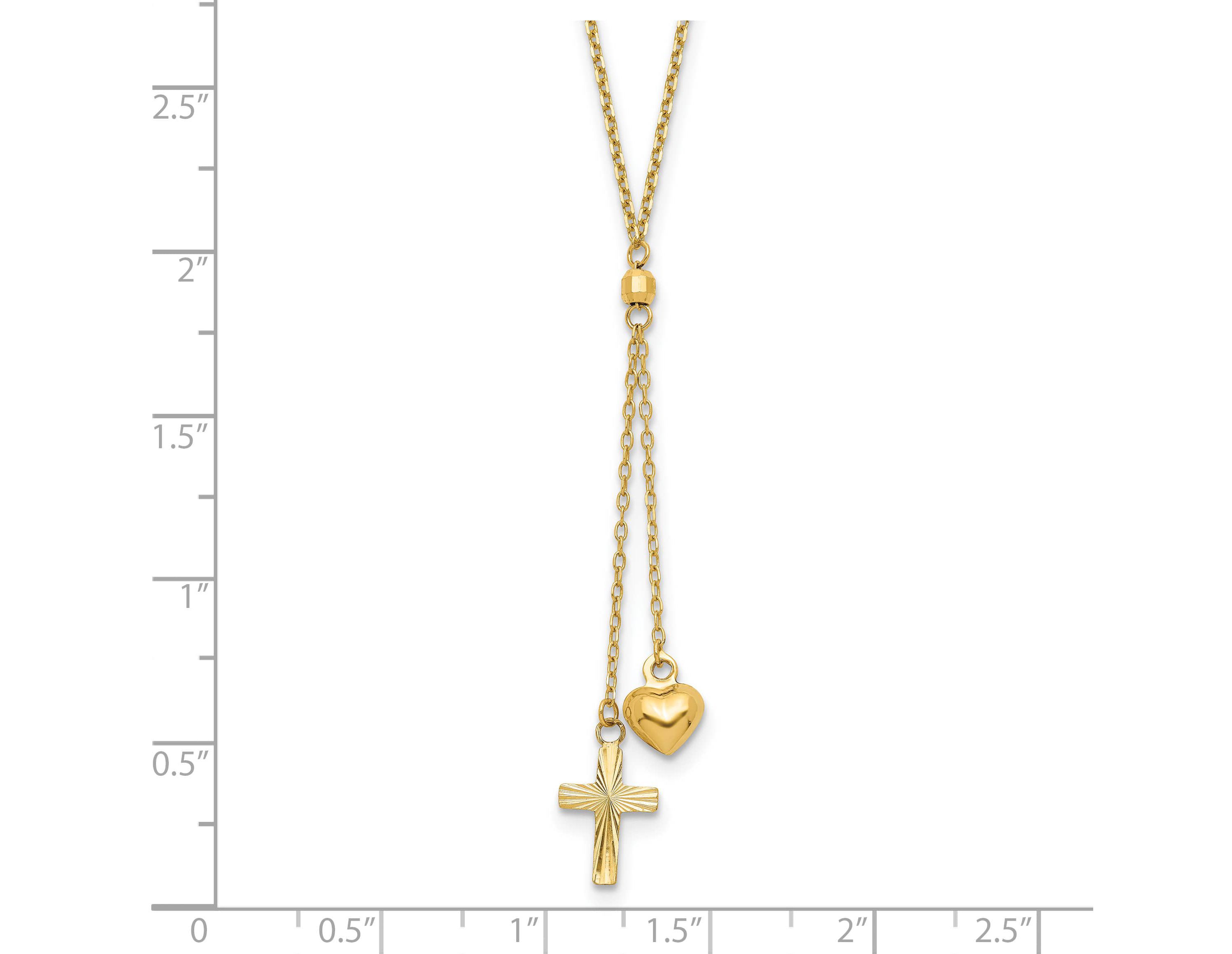 14K Yellow Gold Puffed Heart and Diamond-cut Cross Graduated Chain with 2-inch Extension Necklace