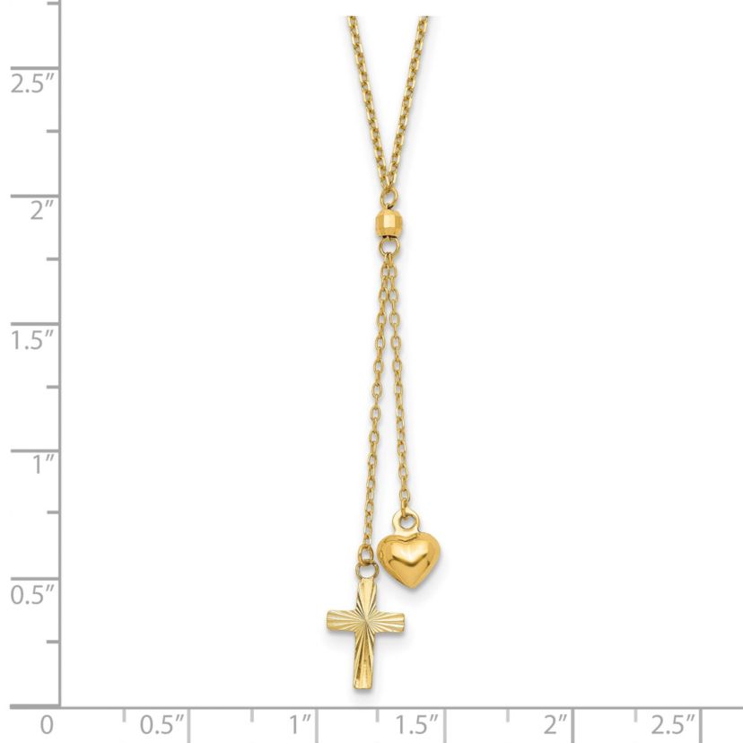14K Yellow Gold Puffed Heart and Diamond-cut Cross Graduated Chain with 2-inch Extension Necklace