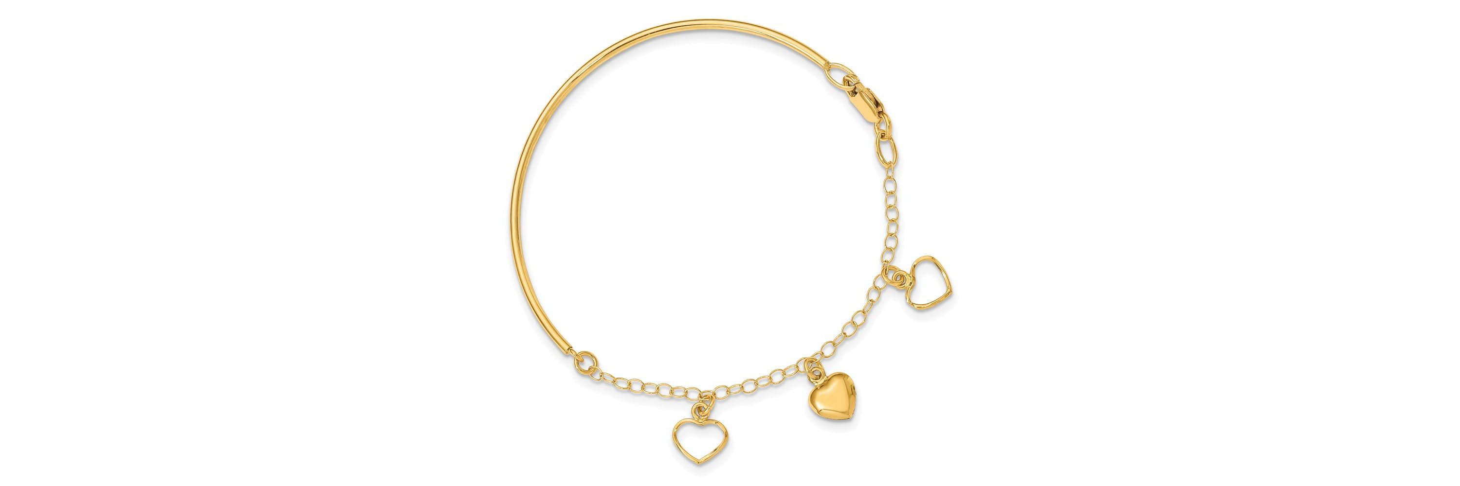 14K Yellow Gold Polished Dangle Heart Chain Bangle Bracelet