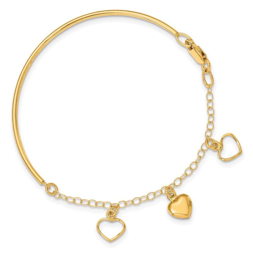 14K Yellow Gold Polished Dangle Heart Chain Bangle Bracelet