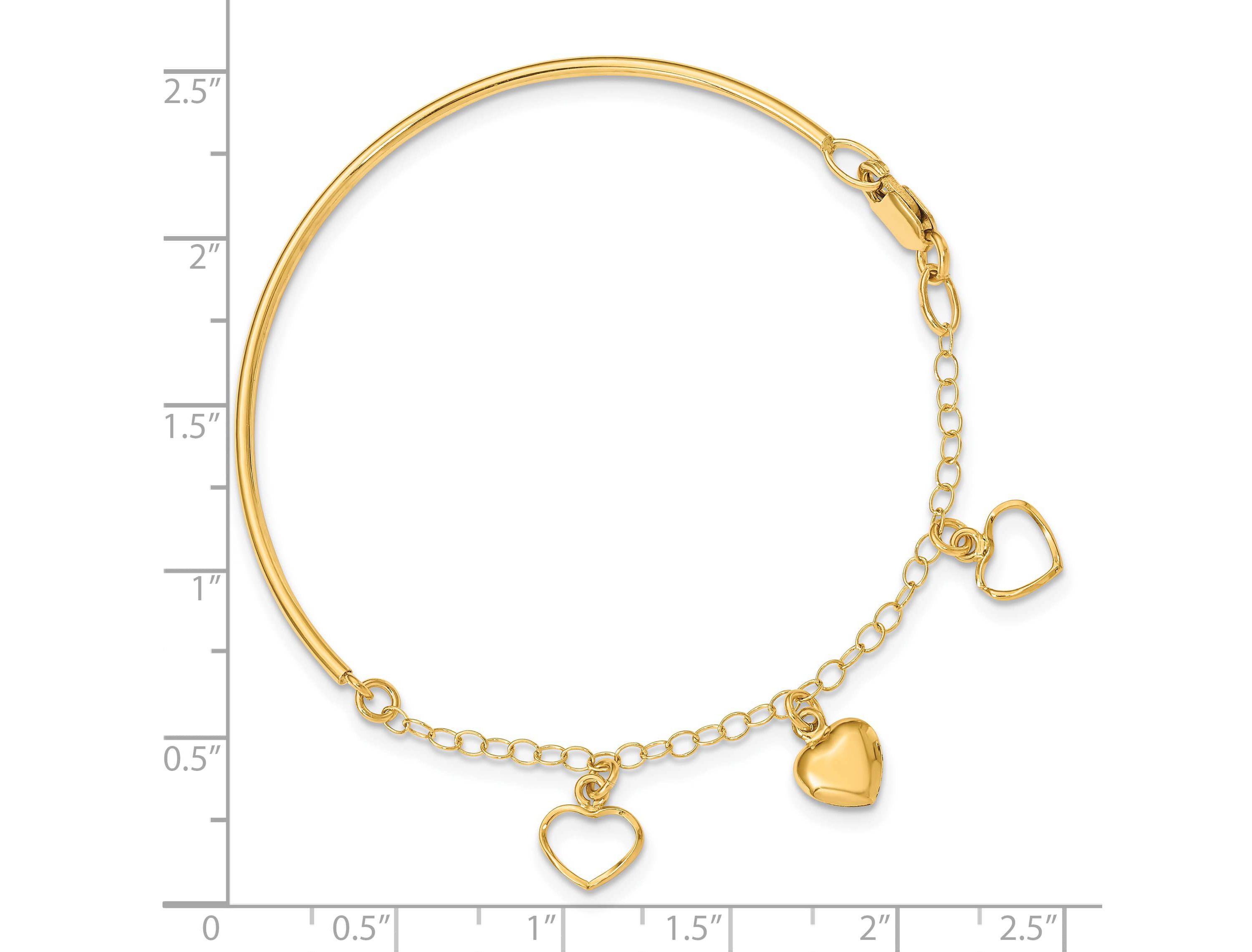 14K Yellow Gold Polished Dangle Heart Chain Bangle Bracelet