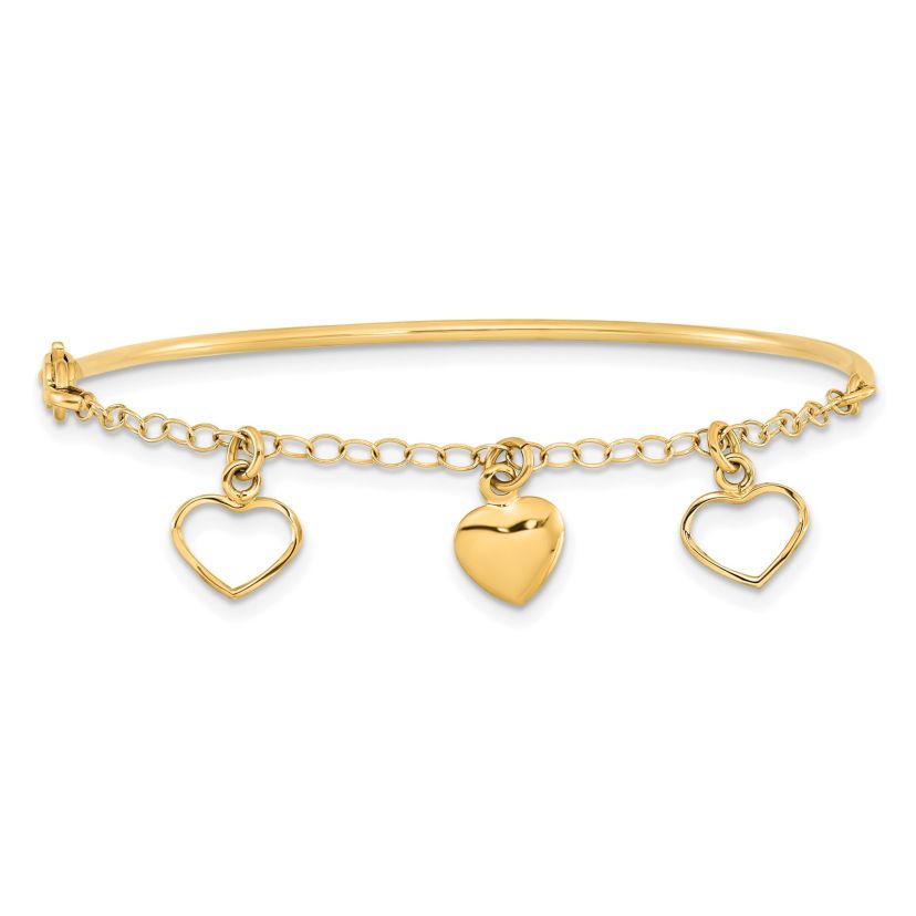14K Yellow Gold Polished Dangle Heart Chain Bangle Bracelet