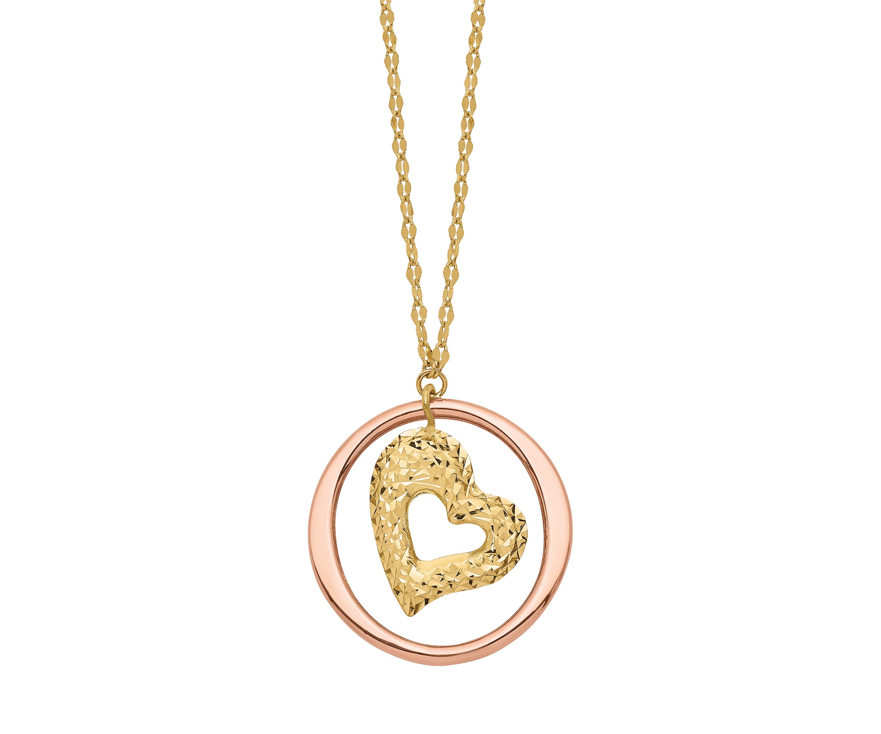 Fancy Link Diamond-Cut Heart in Open Circle Necklace in 14K Two-Tone Gold 