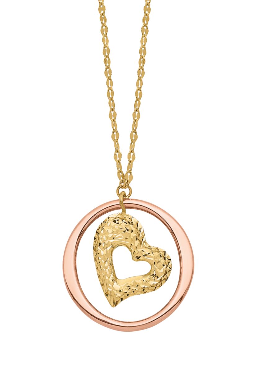Fancy Link Diamond-Cut Heart in Open Circle Necklace in 14K Two-Tone Gold 