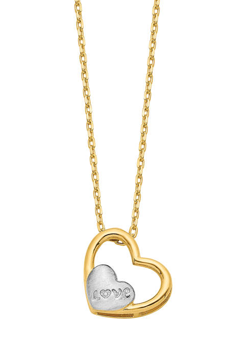 14K Yellow Gold and White Rhodium Brushed and Polished Love Heart 17 Inch Necklace