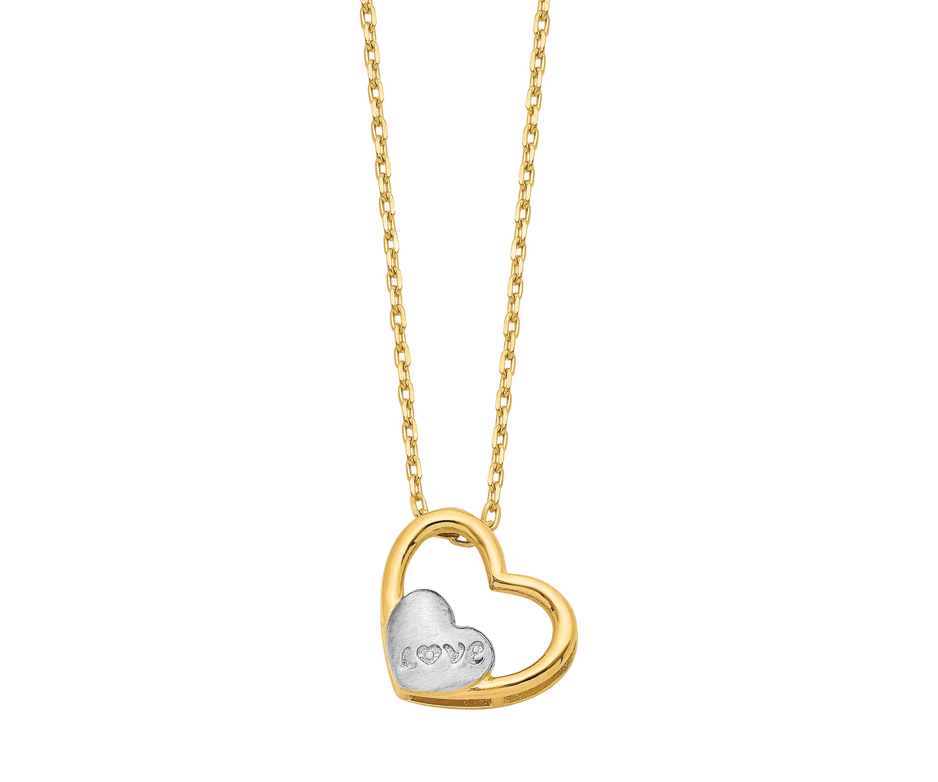 14K Yellow Gold and White Rhodium Brushed and Polished Love Heart 17 Inch Necklace