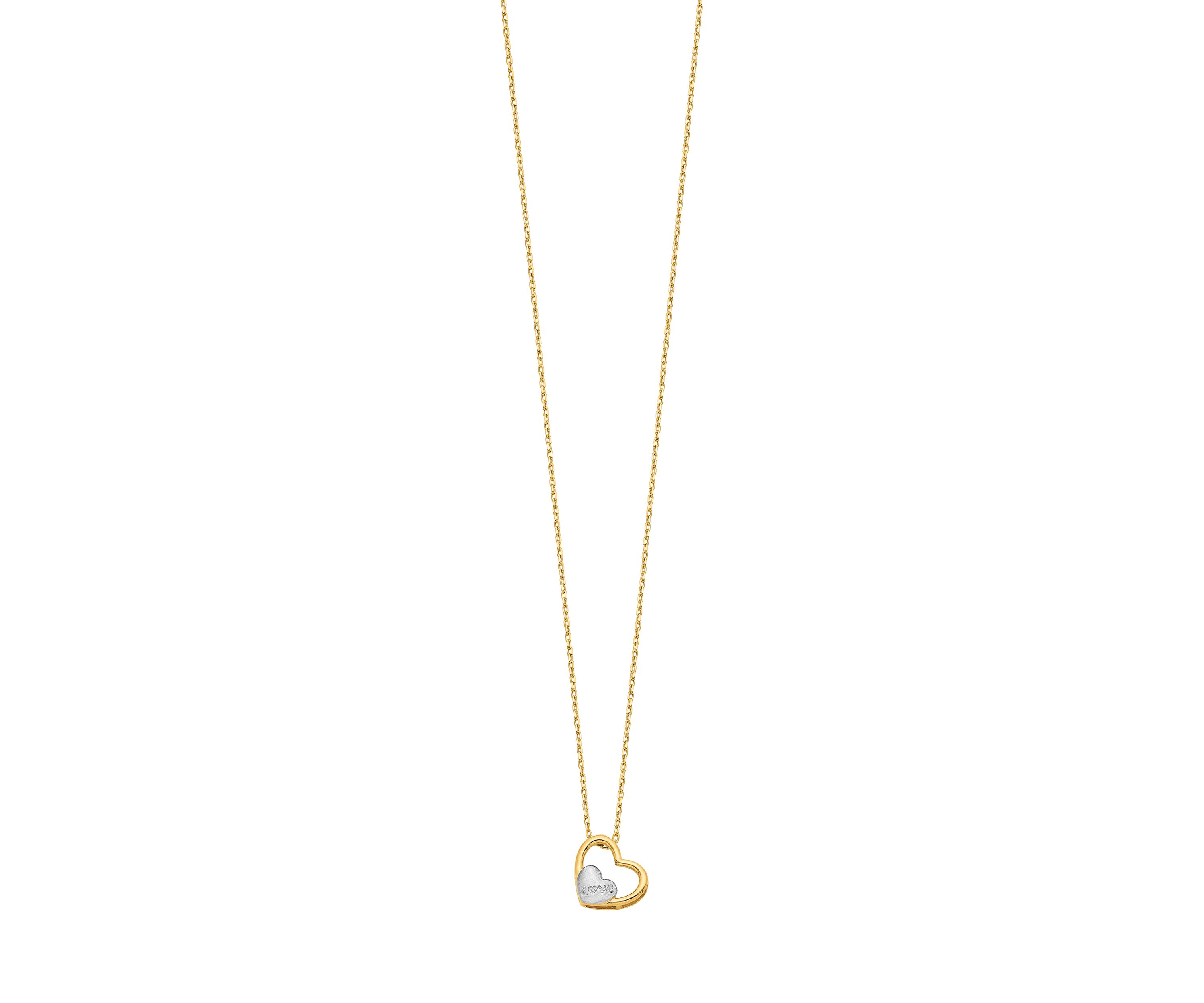 14K Yellow Gold and White Rhodium Brushed and Polished Love Heart 17 Inch Necklace
