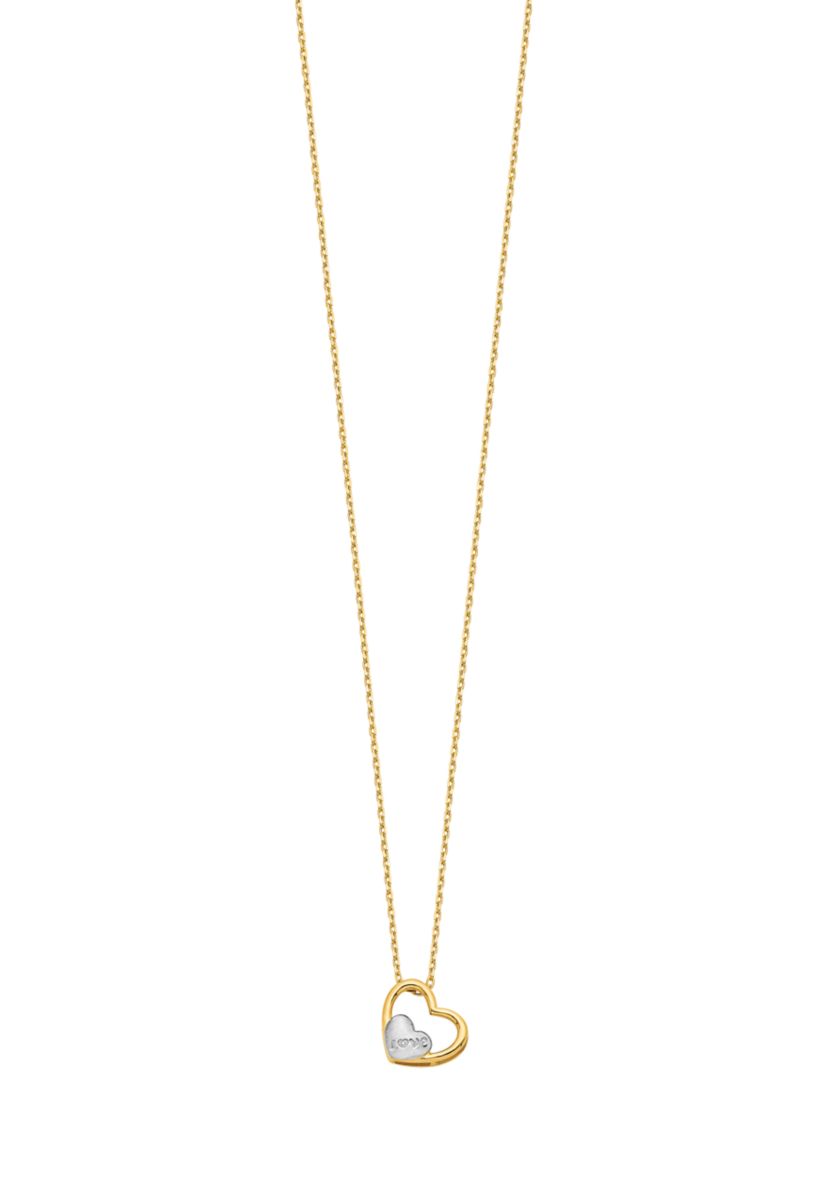 14K Yellow Gold and White Rhodium Brushed and Polished Love Heart 17 Inch Necklace
