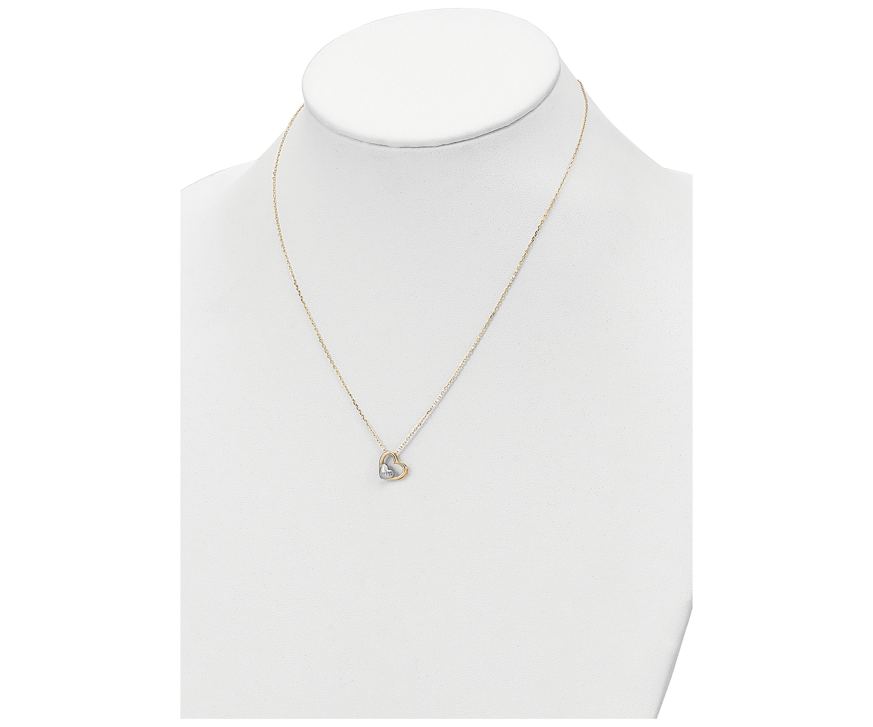 14K Yellow Gold and White Rhodium Brushed and Polished Love Heart 17 Inch Necklace