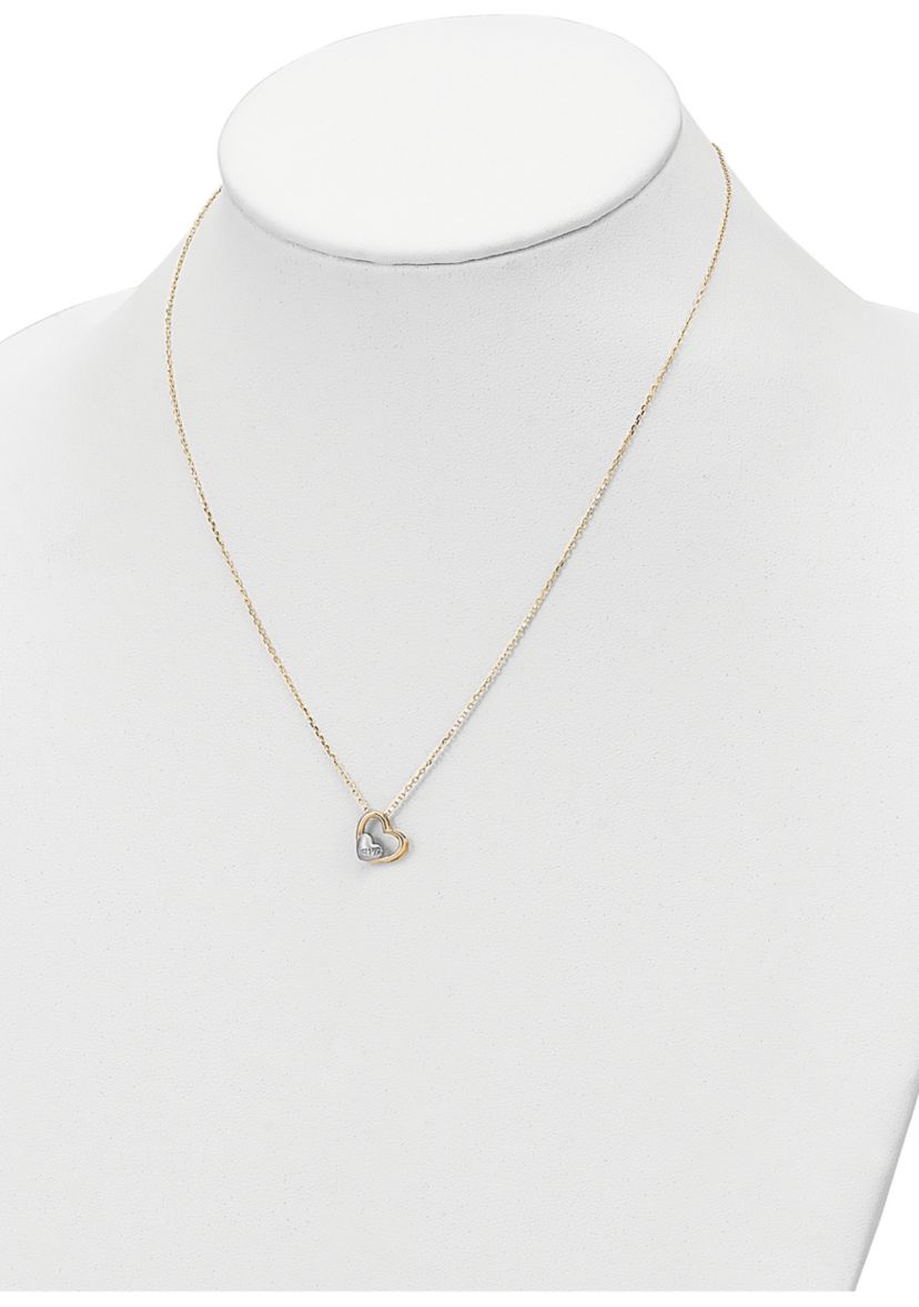 14K Yellow Gold and White Rhodium Brushed and Polished Love Heart 17 Inch Necklace