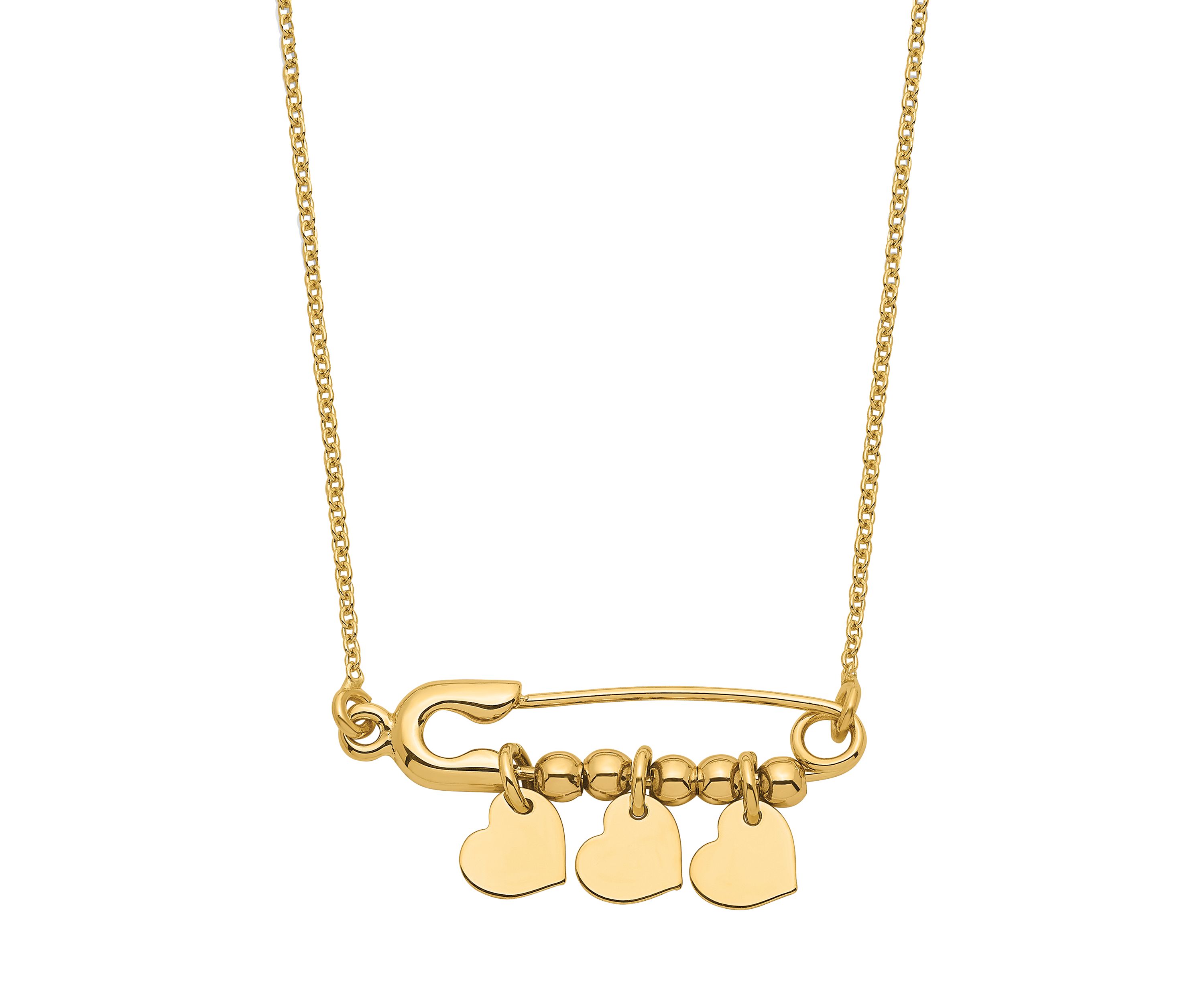 14K Yellow Gold Safety Pin with Dangle Hearts Necklace