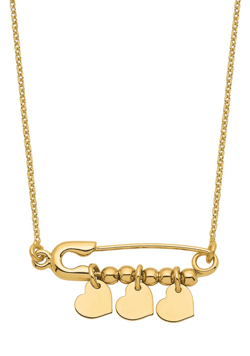 14K Yellow Gold Safety Pin with Dangle Hearts Necklace