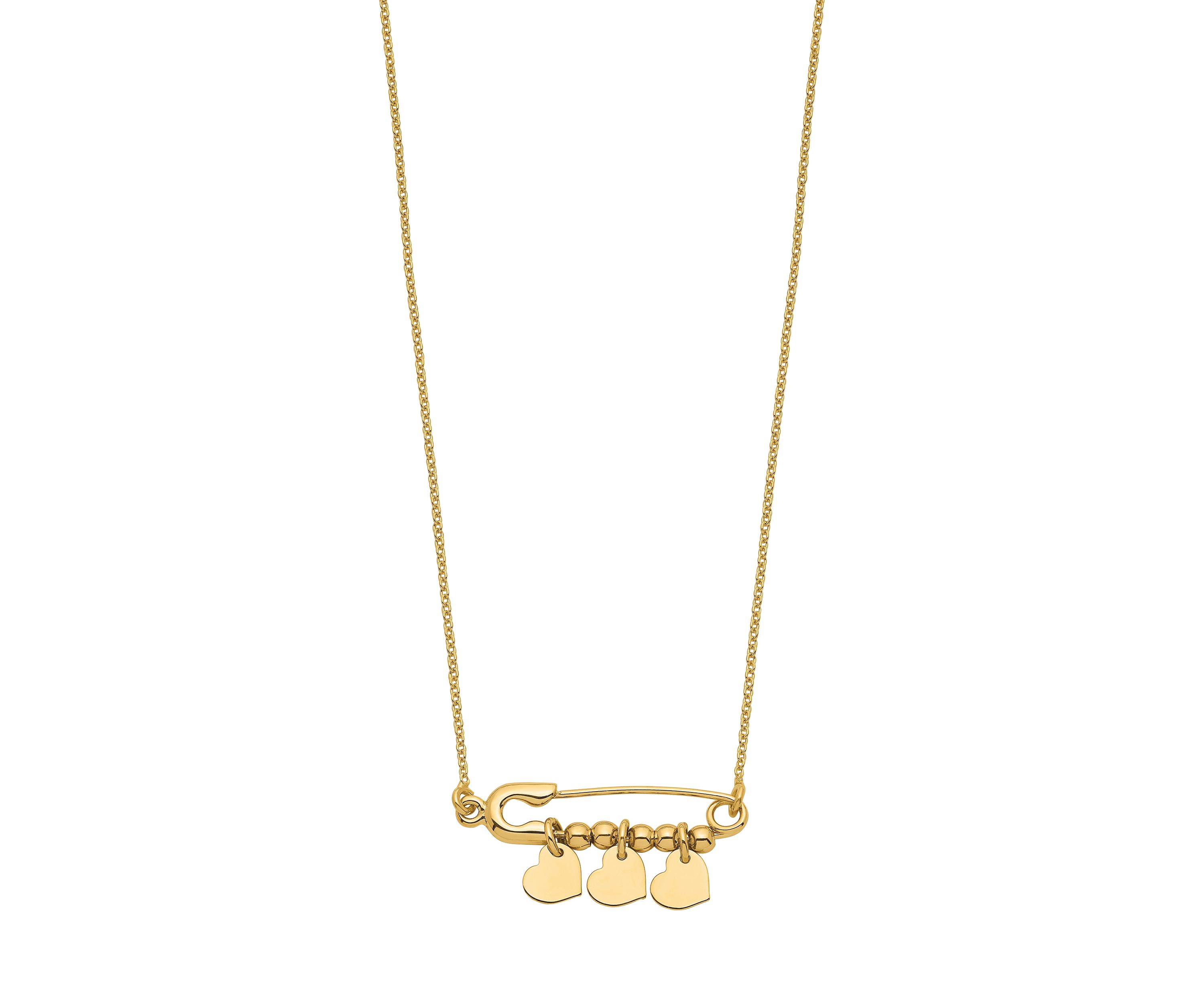 14K Yellow Gold Safety Pin with Dangle Hearts Necklace