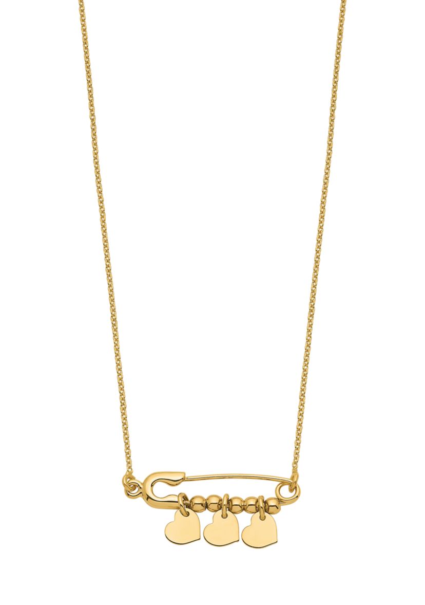 14K Yellow Gold Safety Pin with Dangle Hearts Necklace