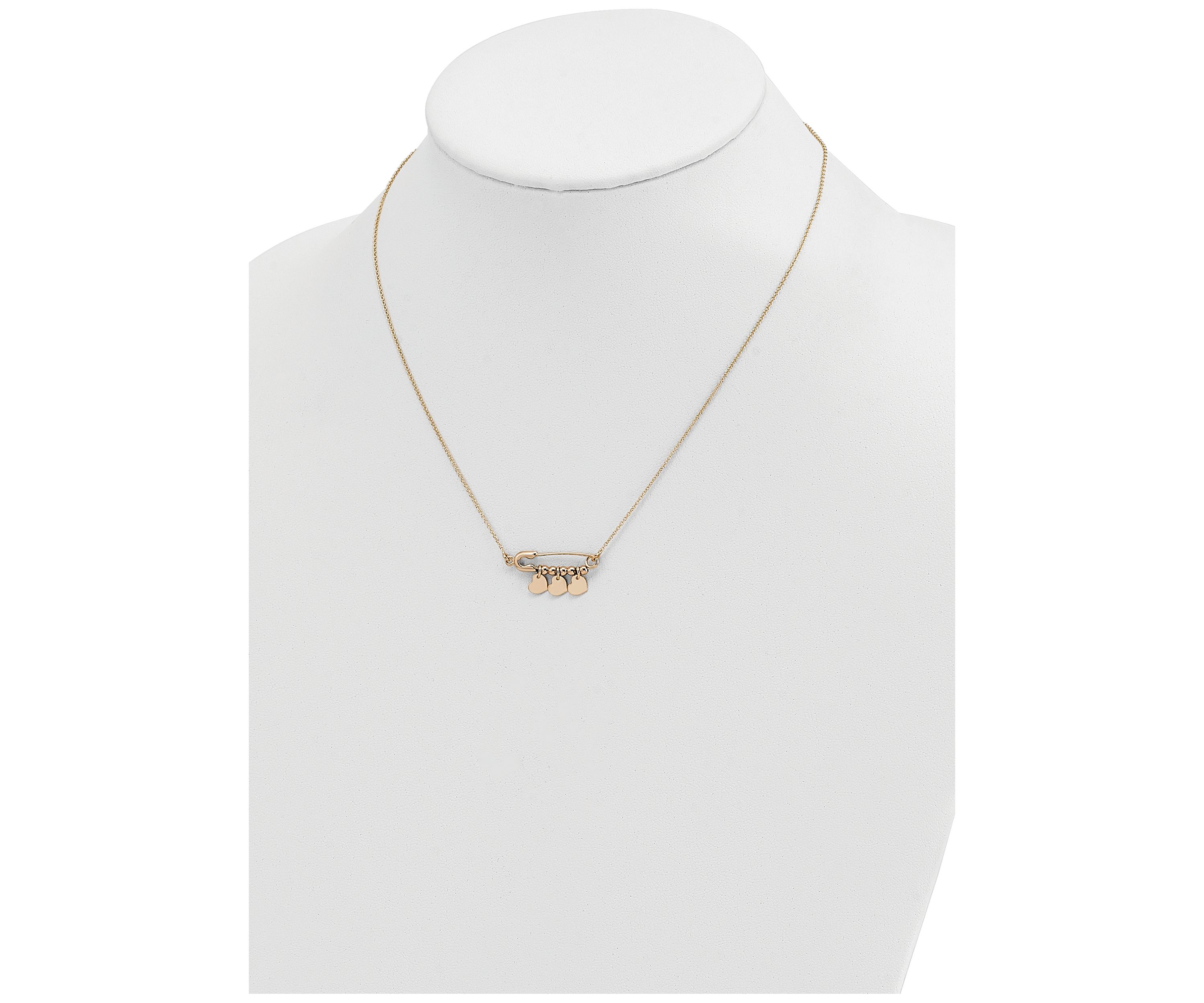 14K Yellow Gold Safety Pin with Dangle Hearts Necklace