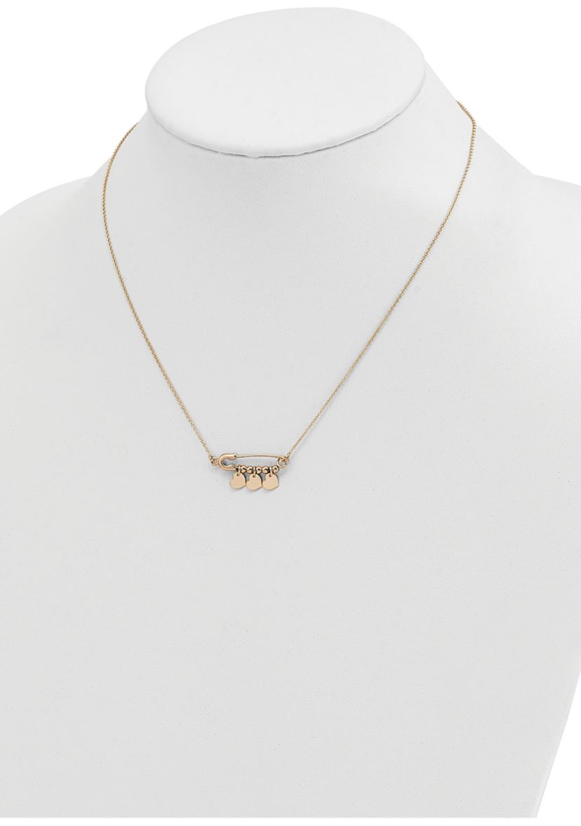 14K Yellow Gold Safety Pin with Dangle Hearts Necklace