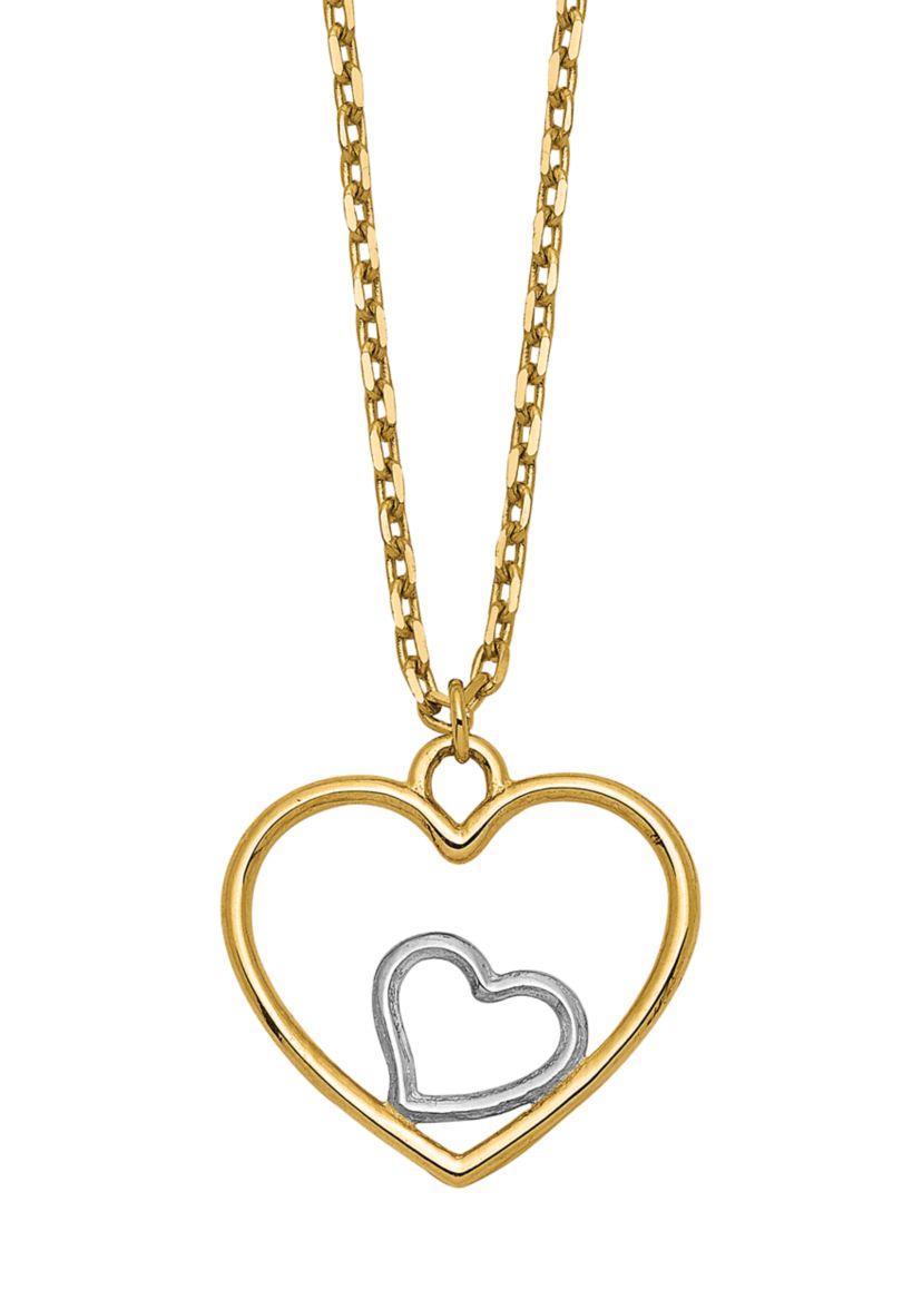 14K Yellow Gold with Rhodium Plated Heart in Heart Necklace